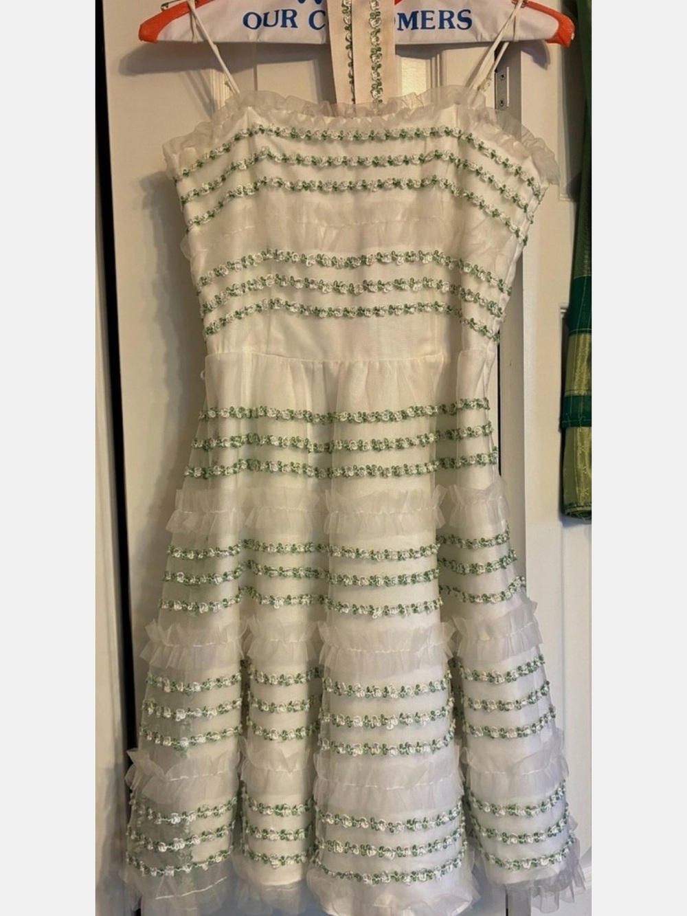 Betsey Johnson Tulle and Silk White Cupcake Dress with Green Floral Trim Size 2